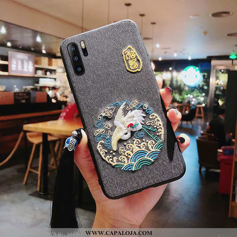 Capa Huawei P30 Pro Bordada Telemóvel Tecido Cinza, Capas Huawei P30 Pro Vintage Baratos