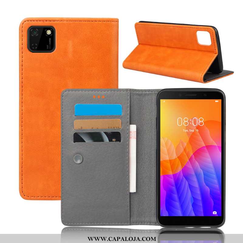 Capa Huawei Y5p Couro Cases Telemóvel Suporte Laranja, Capas Huawei Y5p Carteira Promoção