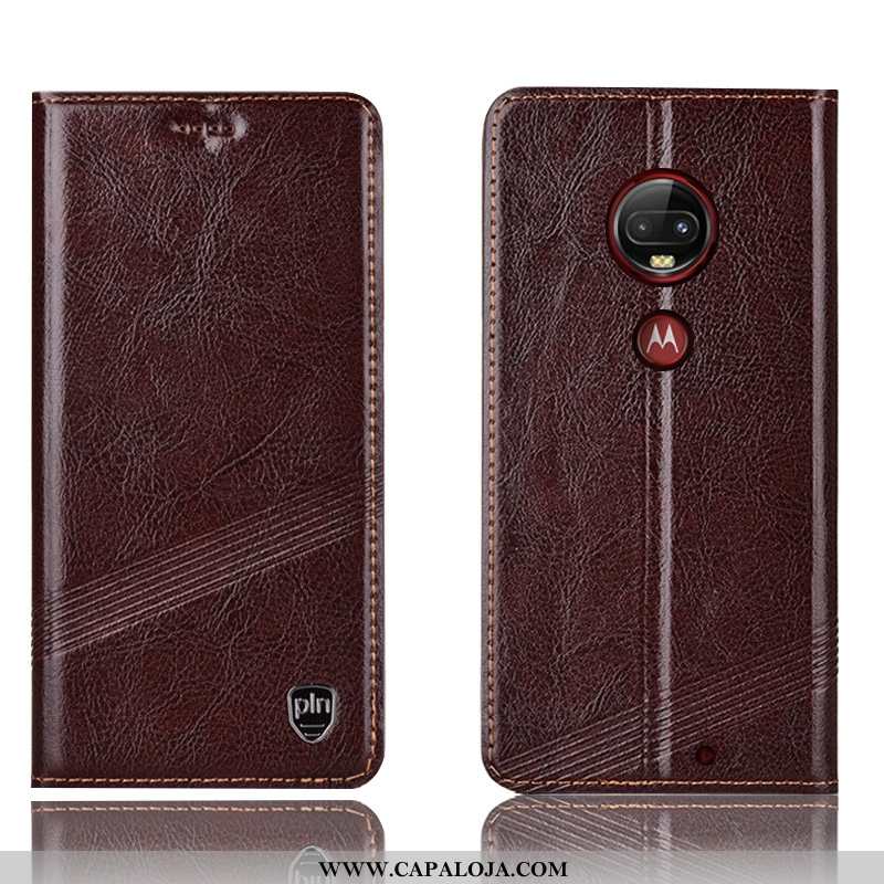 Capa Moto G7 Plus Protetoras Completa Cover Telemóvel Castanho, Capas Moto G7 Plus Couro Legitimo Ba