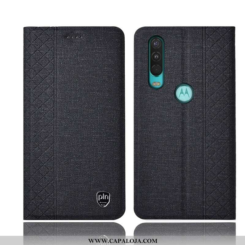 Capa Motorola One Action Couro Cases Linho Telemóvel Preto, Capas Motorola One Action Protetoras Pro