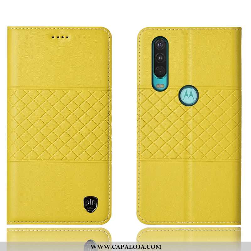 Capa Motorola One Action Couro Genuíno Capas Antiqueda Telemóvel Amarelo, Motorola One Action Protet