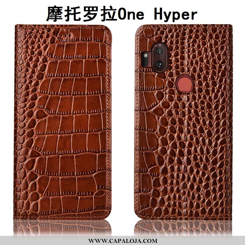 Capa Motorola One Hyper Couro Genuíno Cases Telemóvel Crocs Castanho, Capas Motorola One Hyper Prote