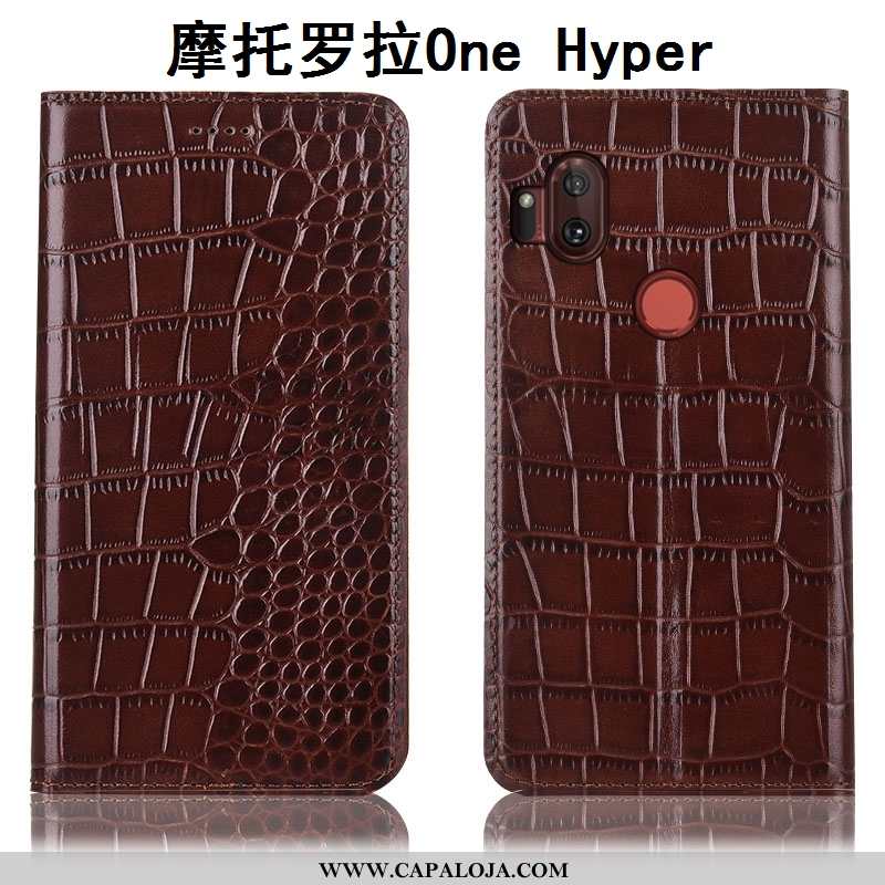 Capa Motorola One Hyper Couro Genuíno Cases Telemóvel Crocs Castanho, Capas Motorola One Hyper Prote