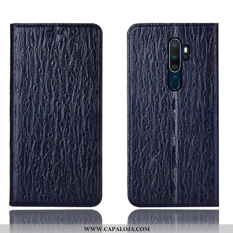 Capa Oppo A5 2020 Couro Genuíno Cover Antiqueda Telemóvel Azul Escuro, Capas Oppo A5 2020 Protetoras