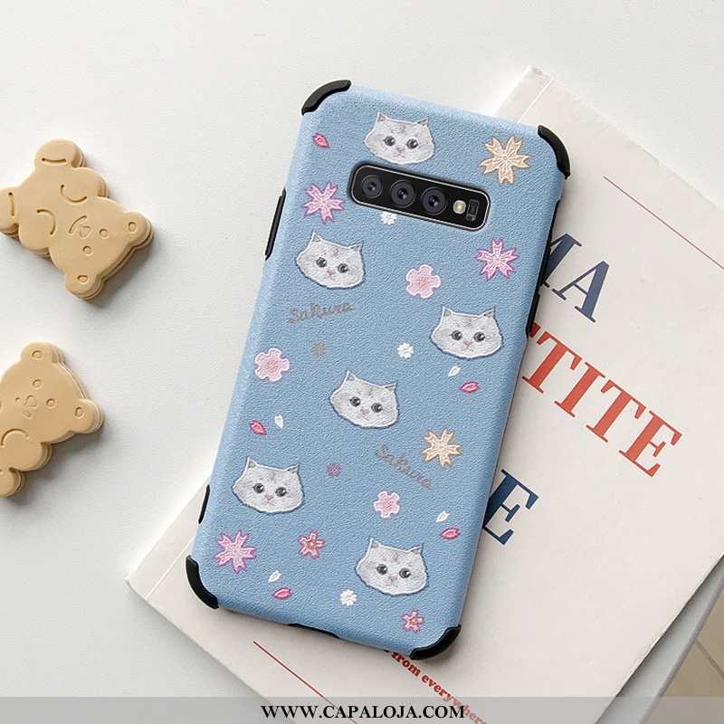 Capa Samsung Galaxy S10+ Fofas Telemóvel Novas Gato Azul, Capas Samsung Galaxy S10+ Couro Baratos