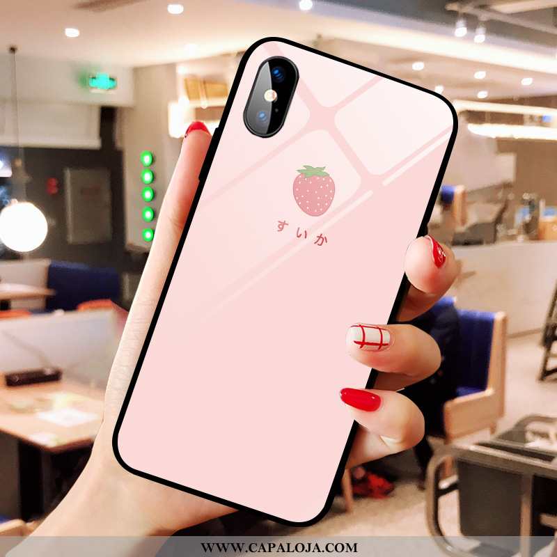 Capa iPhone X Vidro Sorte Moranguinho Telemóvel Rosa, Capas iPhone X Desenho Animado Baratas