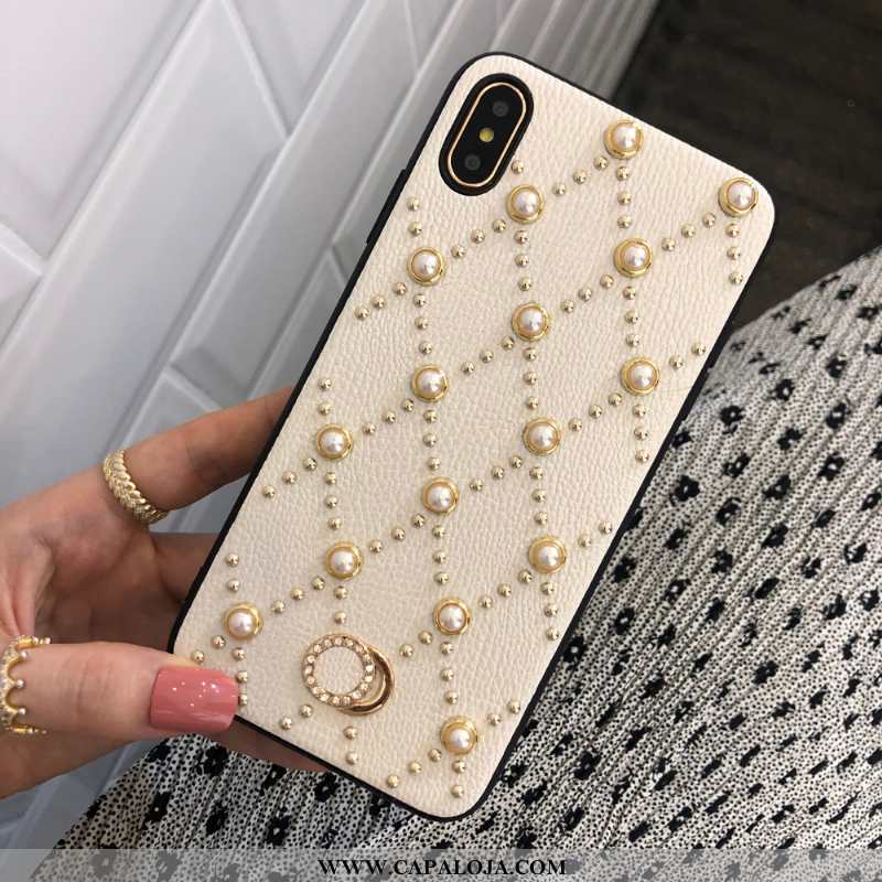 Capa iPhone Xs Max Couro Genuíno Malha Branco Pérola, Capas iPhone Xs Max Cases Baratos