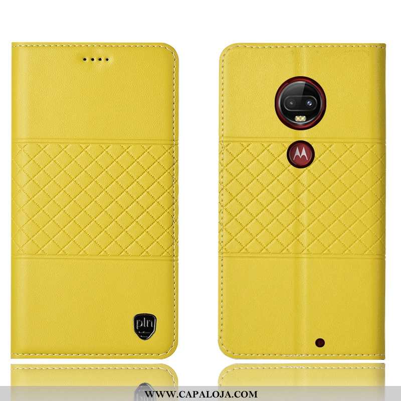 Capas Moto G7 Plus Protetoras Telemóvel Cases Amarela Amarelo, Capa Moto G7 Plus Couro Legitimo Bara