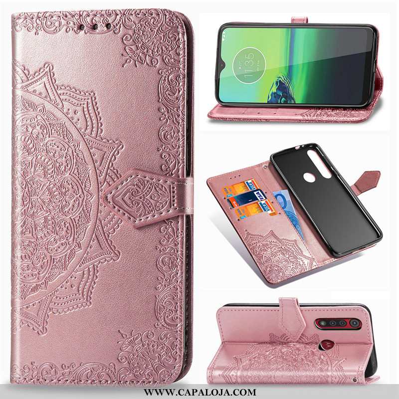 Capas Moto G8 Plus Couro Cordao Florido Cover Preto, Capa Moto G8 Plus Protetoras Baratos