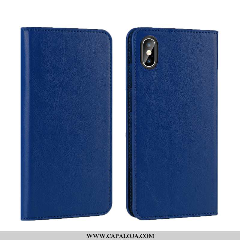 Capas iPhone Xs Couro Completa Telemóvel Luxo Genuíno Azul Escuro, Capa iPhone Xs Protetoras Promoçã