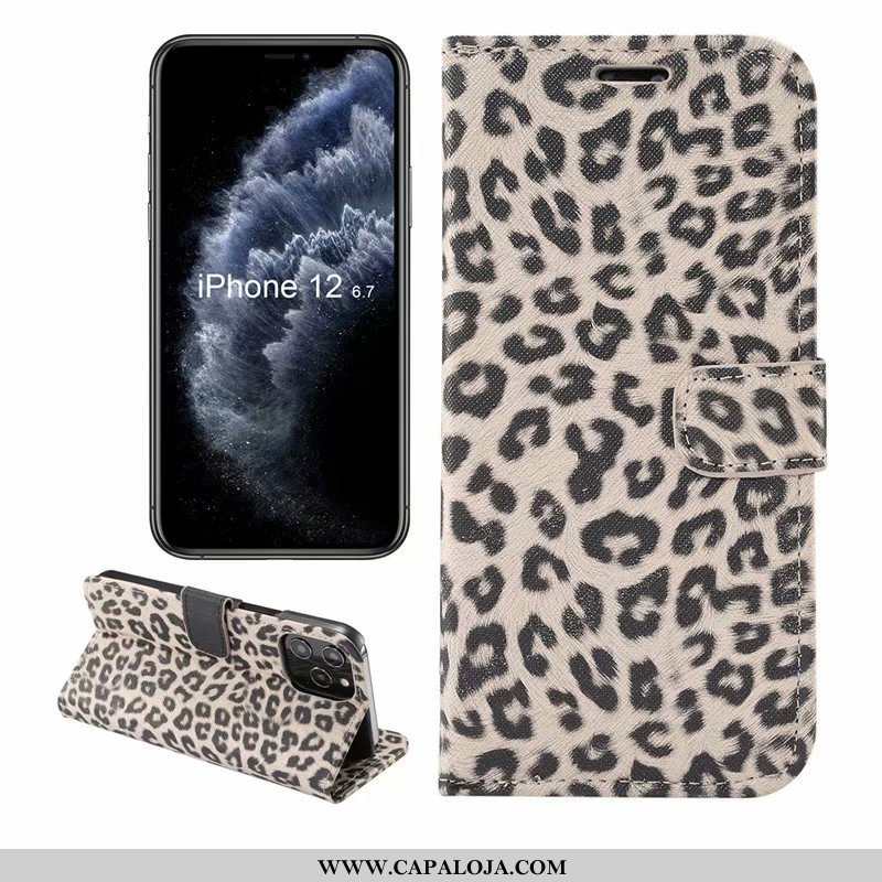 Capas iPhone 12 Pro Max Couro Caqui Fivela Leopardo, Capa iPhone 12 Pro Max Cover Baratos