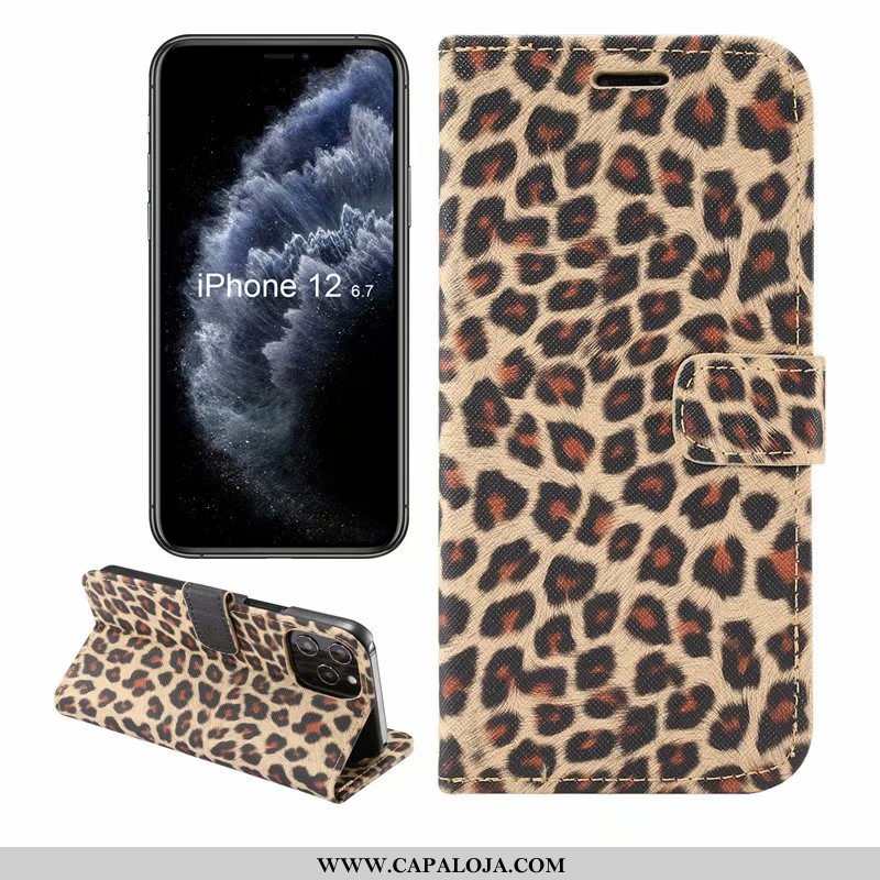 Capas iPhone 12 Pro Max Couro Caqui Fivela Leopardo, Capa iPhone 12 Pro Max Cover Baratos