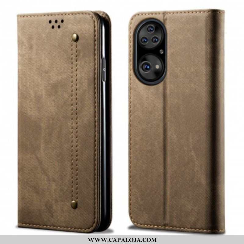 Capa De Celular Para Huawei P50 Pro Flip Textura De Jeans De Couro Sintético