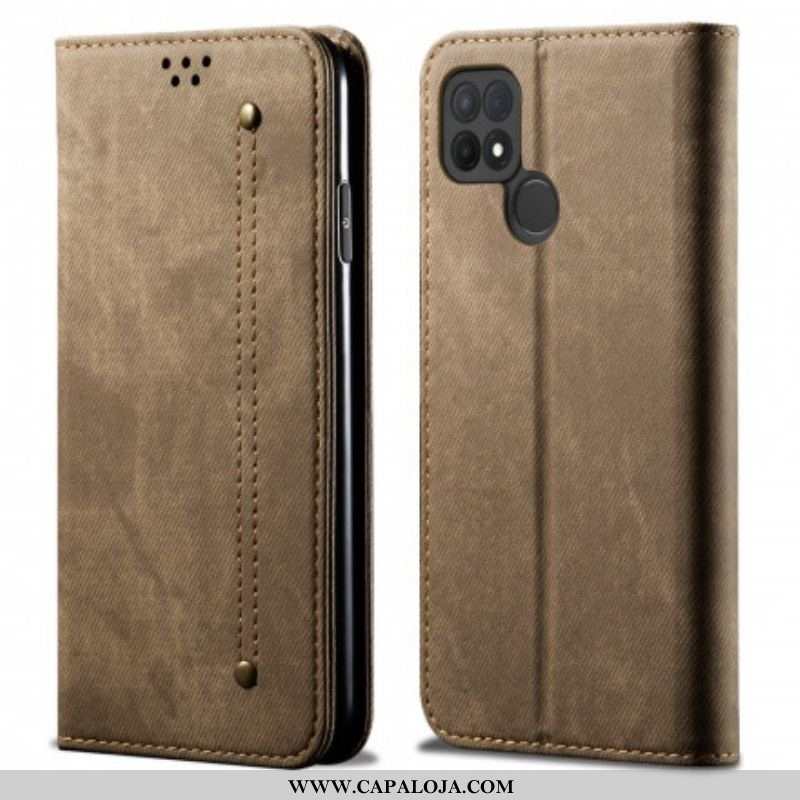 Capa De Celular Para Oppo A15 Flip Textura De Jeans De Couro Sintético