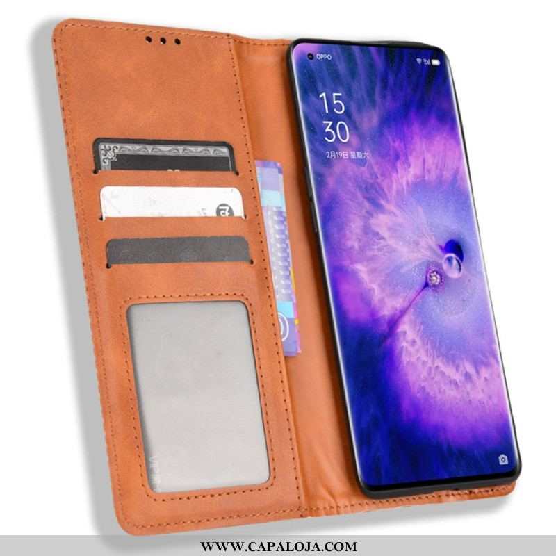 Capa De Celular Para Oppo Find X5 Flip Efeito Couro Vintage Estilizado