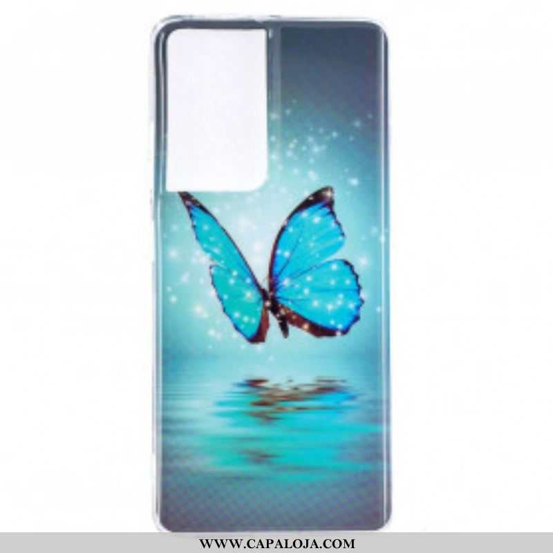 Capa De Celular Para Samsung Galaxy S21 Ultra 5G Borboleta Azul Fluorescente