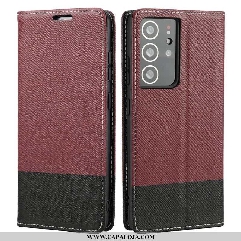 Capa De Celular Para Samsung Galaxy S21 Ultra 5G Flip Couro Sintético Texturizado Em Dois Tons