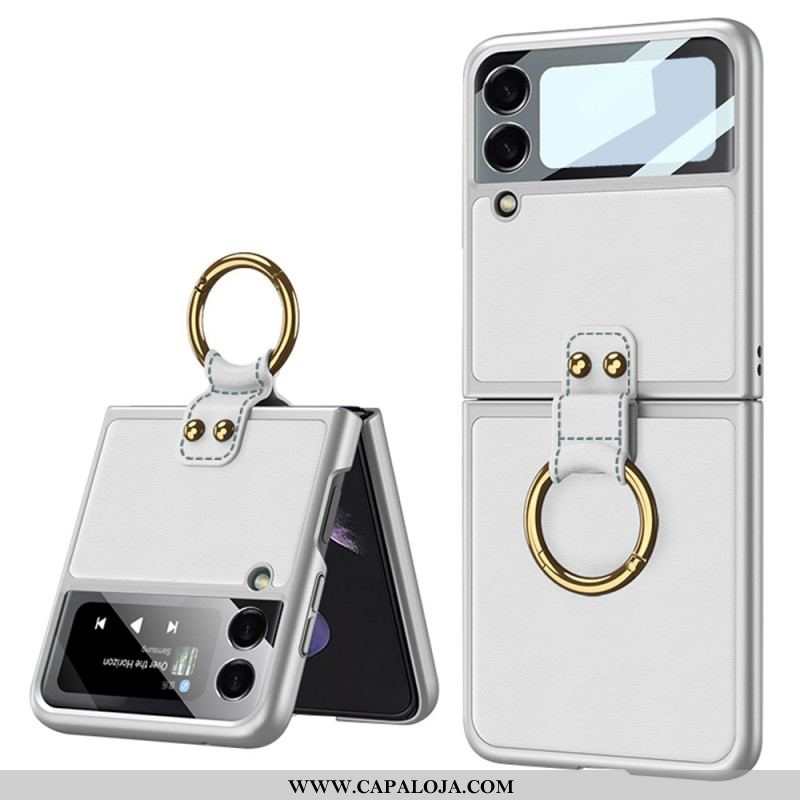 Capa De Celular Para Samsung Galaxy Z Flip 3 5G De Couro Anel Gkk De Vidro Temperado Com Efeito De C