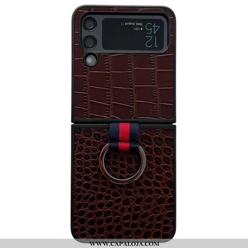 Capa De Celular Para Samsung Galaxy Z Flip 4 De Couro Estilo Crocodilo E Anel