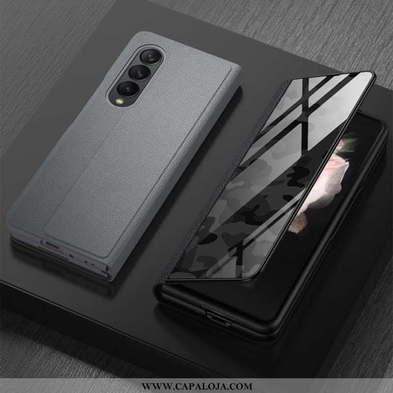 Capa De Celular Para Samsung Galaxy Z Fold 3 5G Flip Linha De Couro De Vidro Temperado