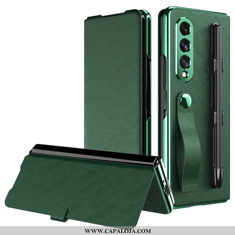 Capa De Celular Para Samsung Galaxy Z Fold 3 5G Flip Suporte E Alça Para Estilete Estilo Couro Lichi