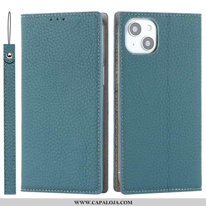 Capa De Celular Para iPhone 14 Plus De Cordão Flip Correia De Couro Litchi Genuíno