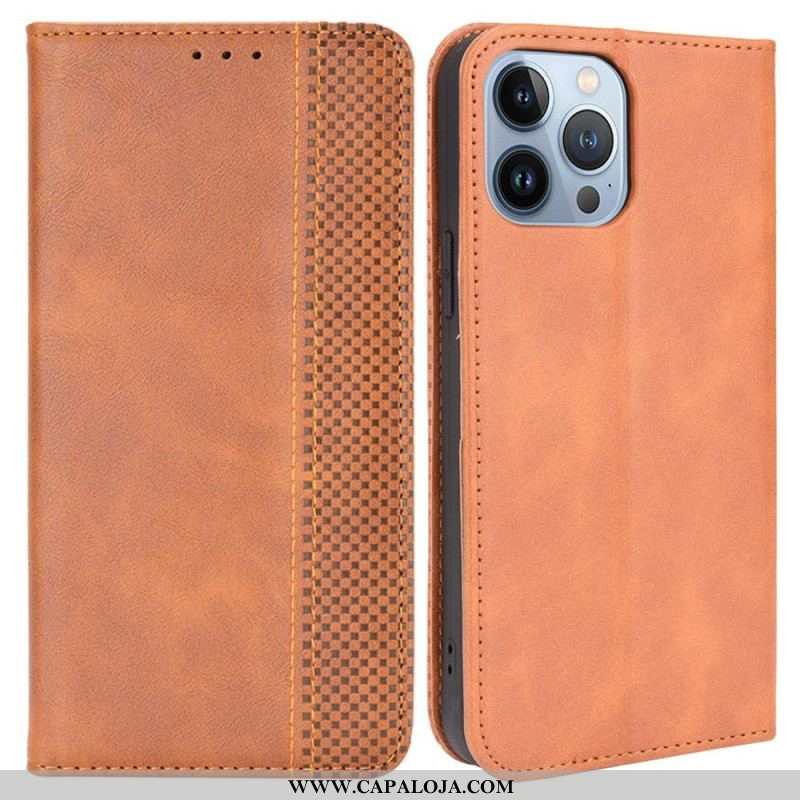 Capa De Celular Para iPhone 14 Plus Flip Efeito Couro Vintage Estilizado