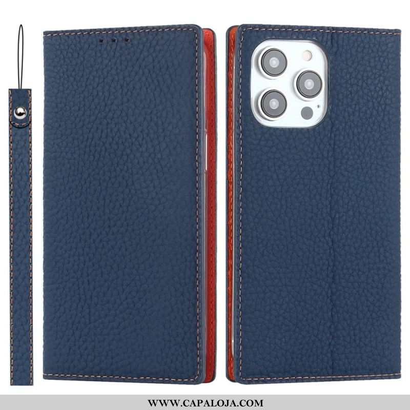 Capa De Celular Para iPhone 14 Pro Max De Cordão Flip Correia De Couro Litchi Genuíno