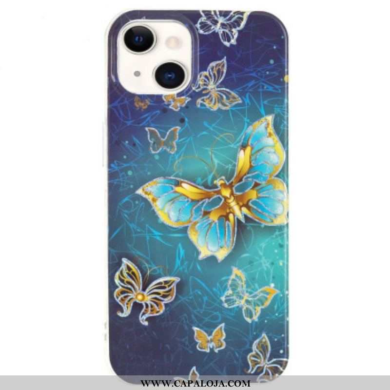 Capa De Celular Para iPhone 15 Plus Borboletas Douradas