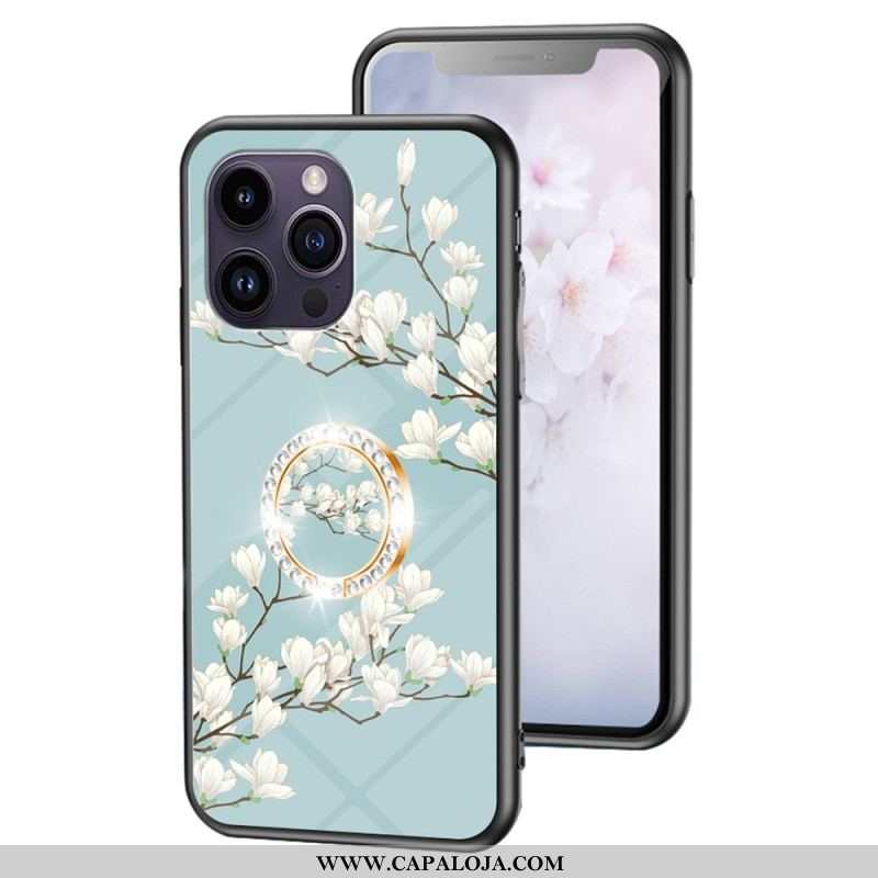 Capa De Celular Para iPhone 15 Pro Max Vidro Temperado Floral Com Anel De Suporte