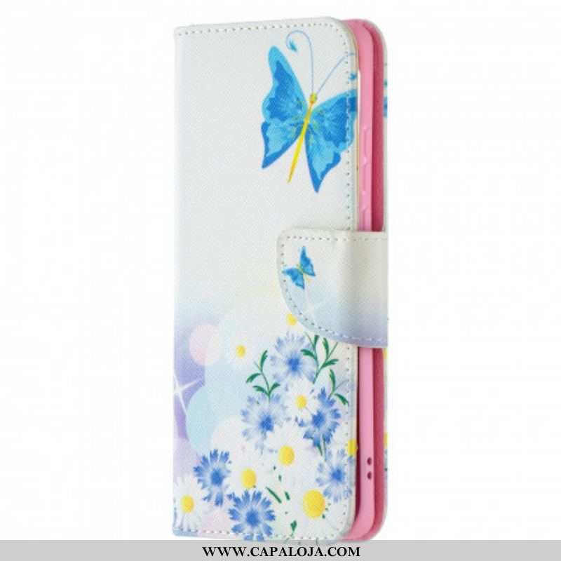 Capa De Couro Para Huawei P50 Pro Borboletas E Flores Pintadas