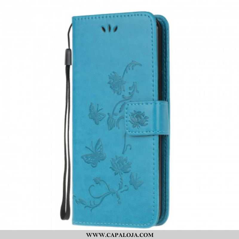 Capa De Couro Para Moto G100 De Cordão Tanga Borboletas E Flores