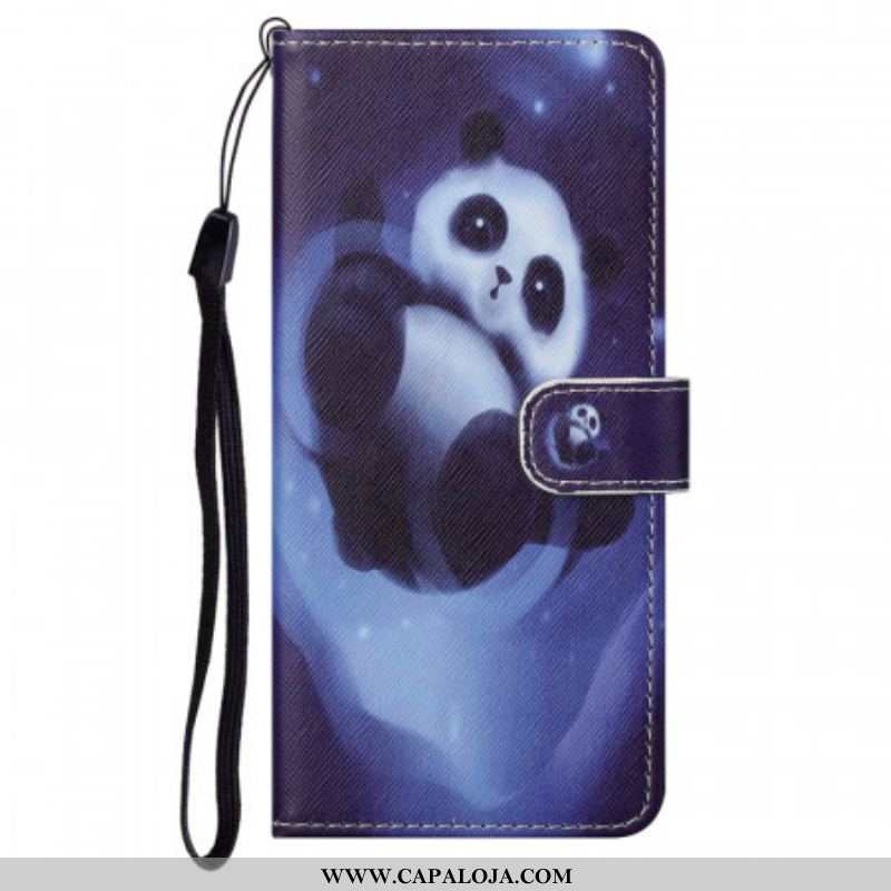 Capa De Couro Para Moto G71 5G De Cordão Espaço Panda Com Lanyard