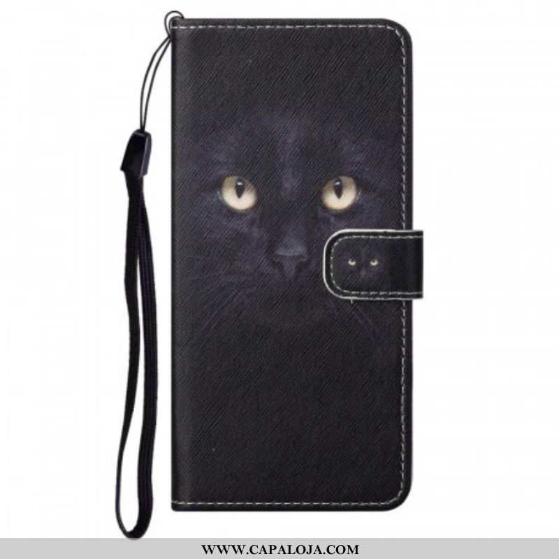 Capa De Couro Para Moto G71 5G De Cordão Olhos De Gato Preto Com Tiras