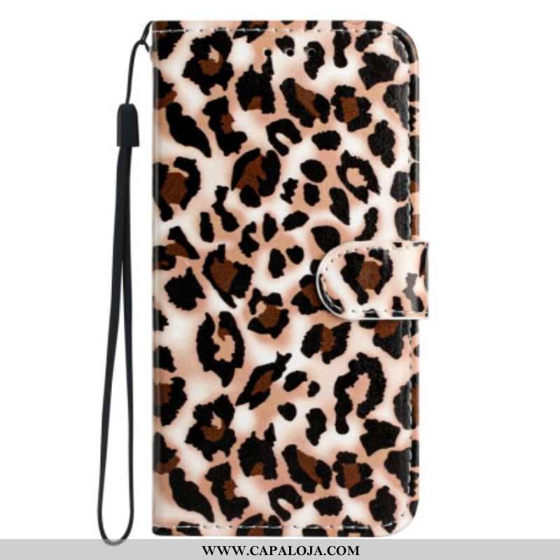 Capa De Couro Para Moto G73 5G De Cordão Estampa De Leopardo Com Tiras