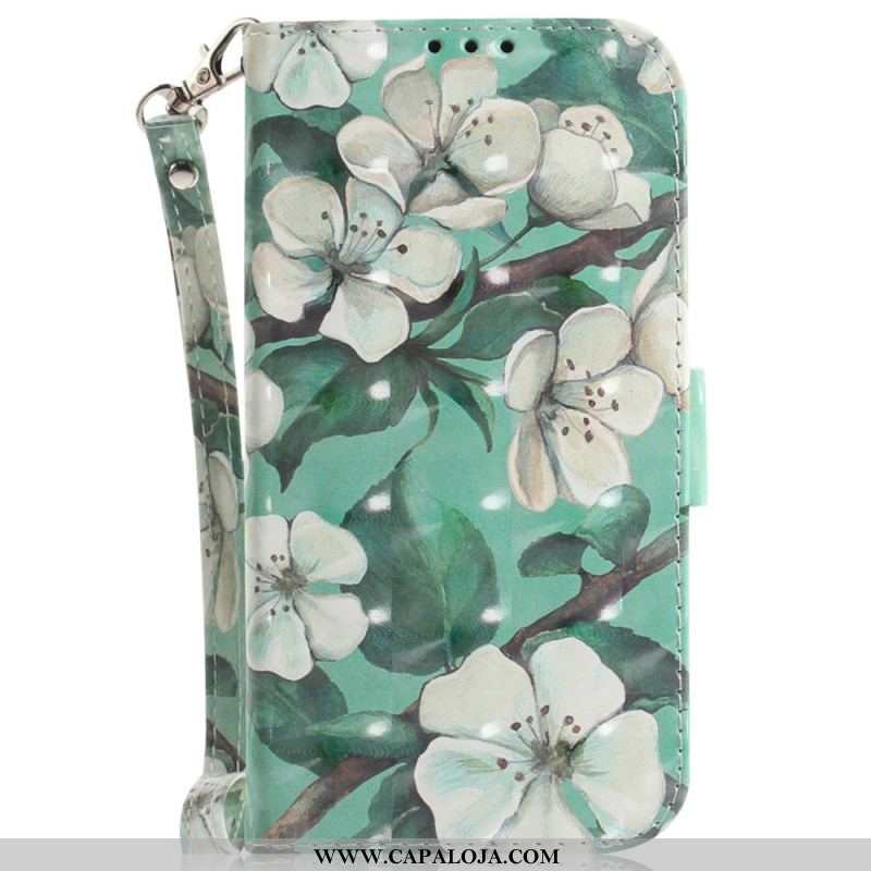 Capa De Couro Para Moto G73 5G De Cordão Flores Brancas Com Tiras