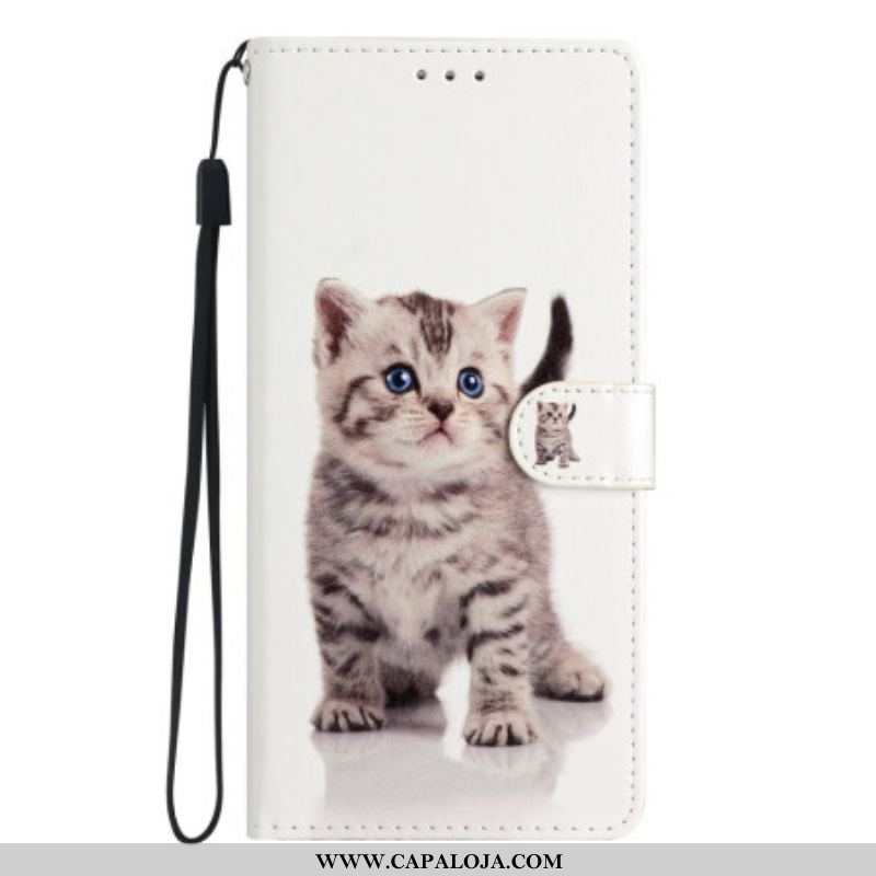 Capa De Couro Para Moto G73 5G De Cordão Gatinho Com Alça