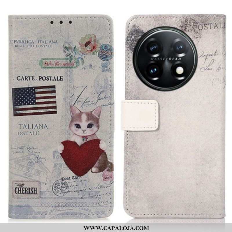 Capa De Couro Para OnePlus 11 5G Gato Viajante