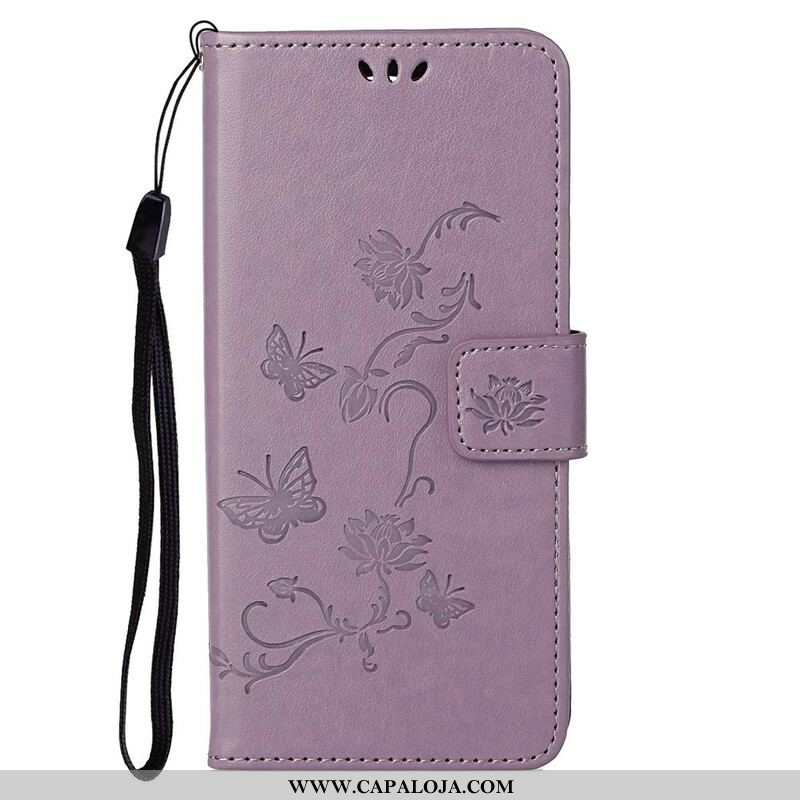 Capa De Couro Para OnePlus Nord 2 5G De Cordão Tanga Borboletas E Flores