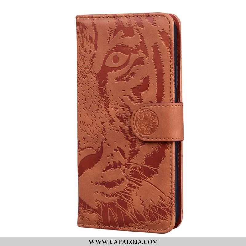 Capa De Couro Para Oppo A74 4G Estampa Cara De Tigre