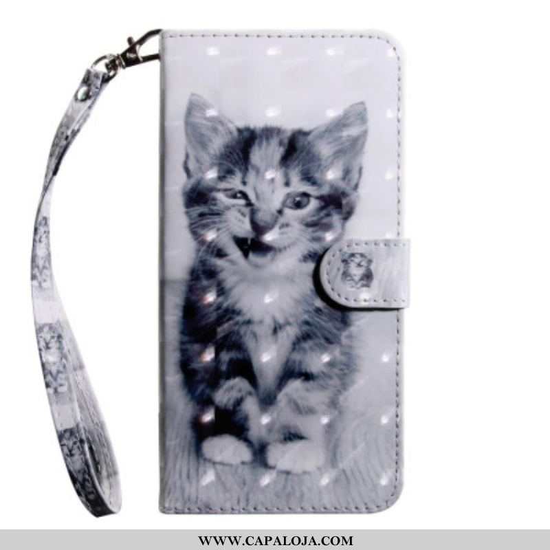 Capa De Couro Para Oppo A94 5G Gatinho Com Cordão