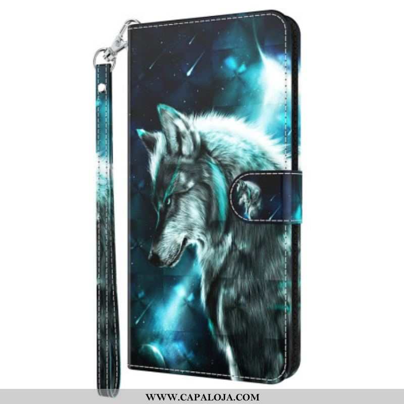 Capa De Couro Para Oppo A94 5G Lobo Com Cordão