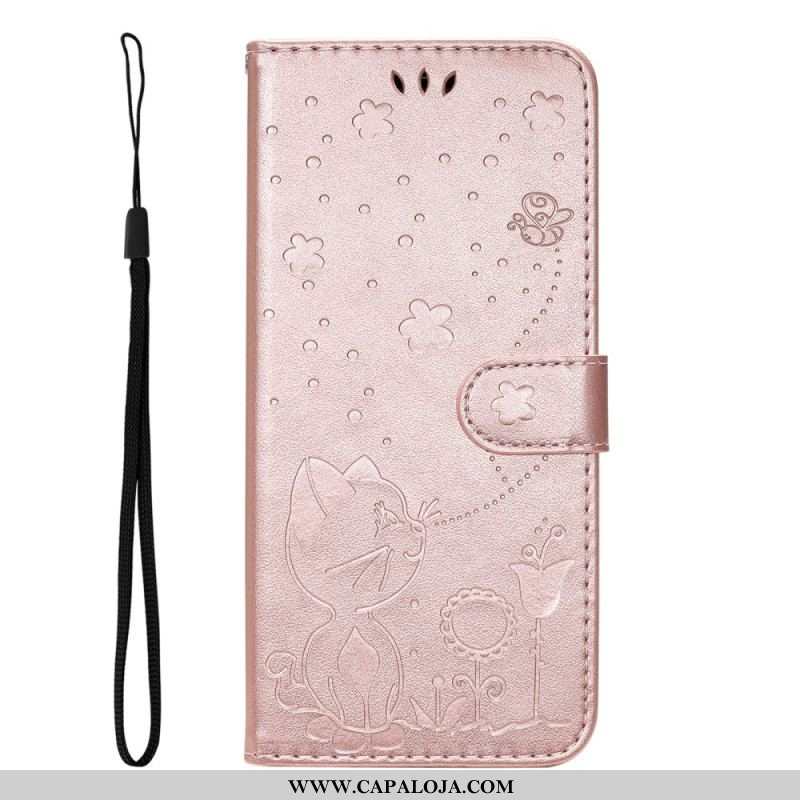 Capa De Couro Para Oppo Find X5 Lite De Cordão Gatos E Abelhas Tangas