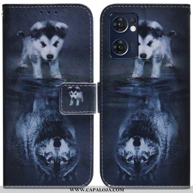 Capa De Couro Para Oppo Find X5 Lite Reflexo De Cachorro