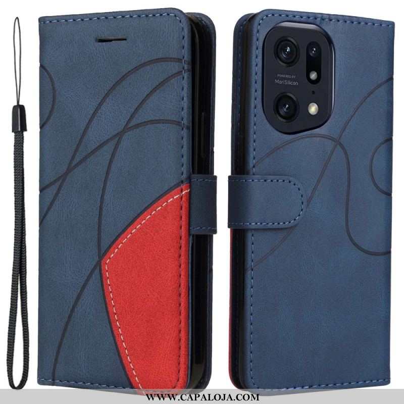 Capa De Couro Para Oppo Find X5 Pro De Cordão Correia De Dois Tons