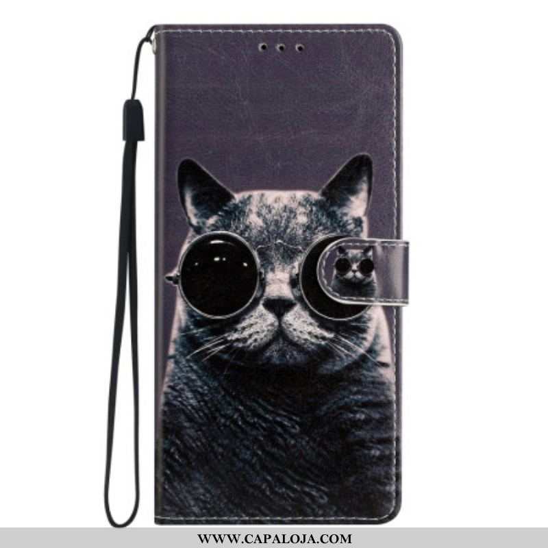 Capa De Couro Para Oppo Reno 8 De Cordão Óculos De Tiras Para Gatos