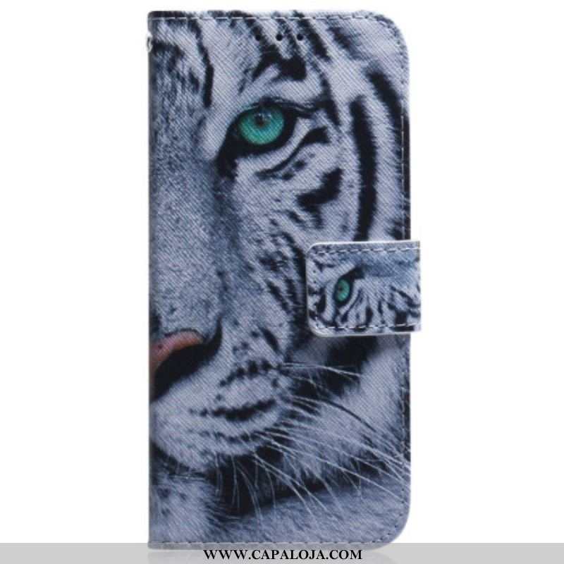 Capa De Couro Para Oppo Reno 8 Pro De Cordão Tira Tigre Branco