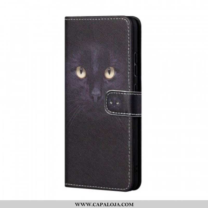 Capa De Couro Para Samsung Galaxy A13 5G / A04s De Cordão Olhos De Gato Preto Com Tiras