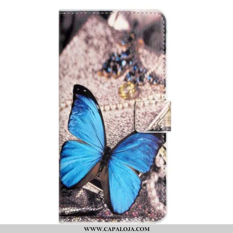 Capa De Couro Para Samsung Galaxy A14 / A14 5G Borboleta Azul