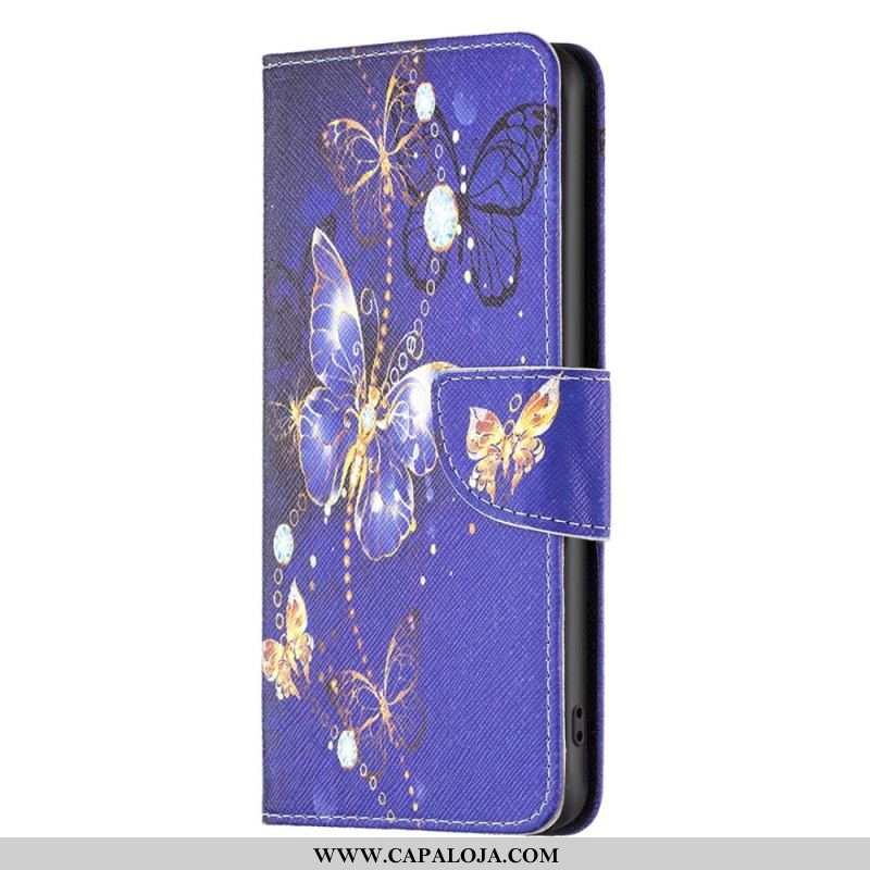 Capa De Couro Para Samsung Galaxy A14 / A14 5G Borboletas Douradas